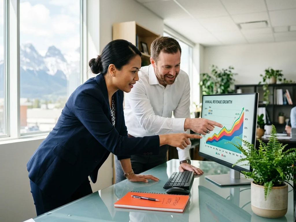 Experts SEO en réunion analysant des indicateurs de performance positifs pour une entreprise clermontoise.