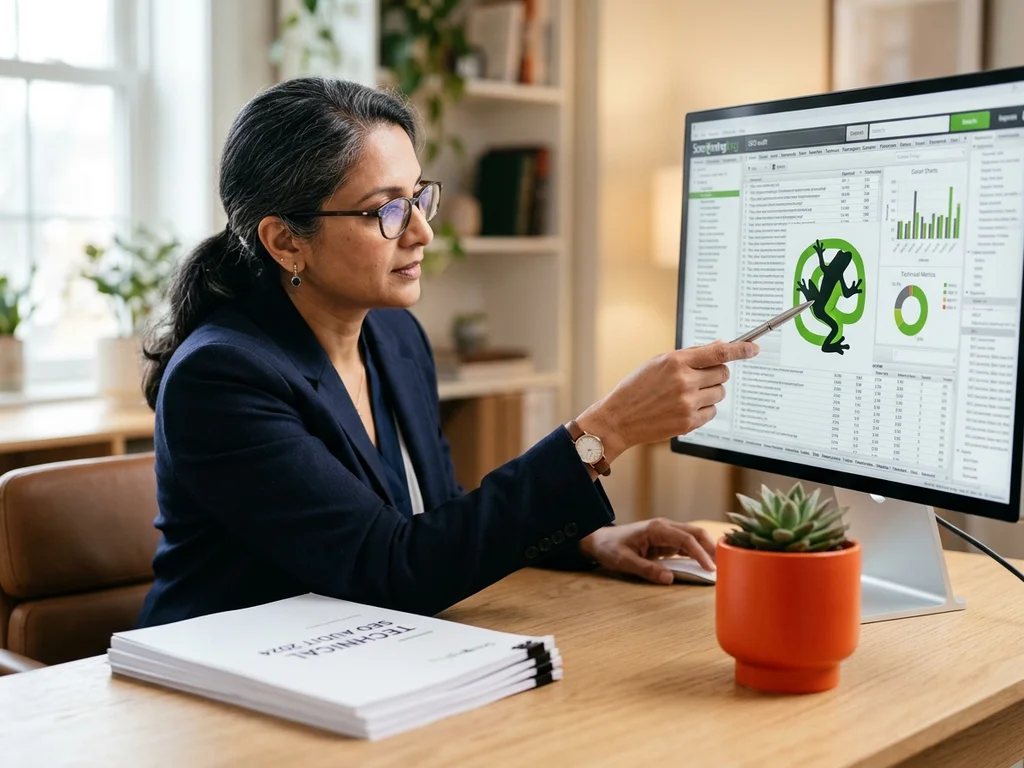 Experte analysant un audit SEO avec l'icône Screaming Frog pour finaliser le rapport de synthèse.