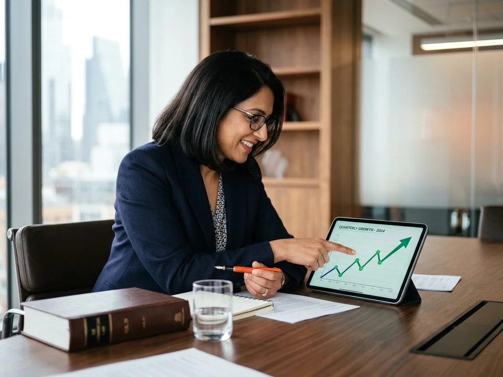 Avocat analysant une courbe de croissance de trafic SEO sur tablette pour un cabinet juridique.