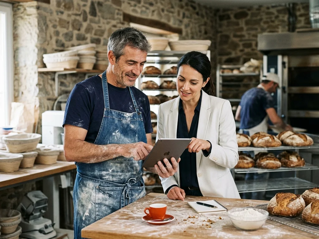 Un artisan boulanger et une consultante analysent des performances SEO dans un atelier auvergnat.