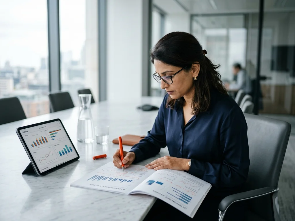 Consultante analysant des graphiques de performance SEO pour la rédaction d'un rapport de synthèse.