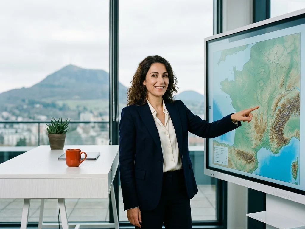 Une consultante SEO devant une carte de France illustrant le rayonnement national depuis Clermont-Ferrand.