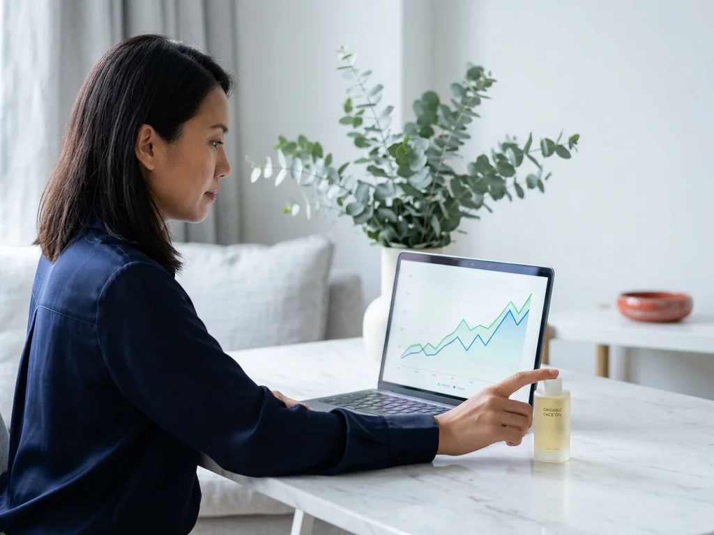 Experte analysant la progression du trafic organique d'une boutique Shopify Plus de cosmétiques naturels.