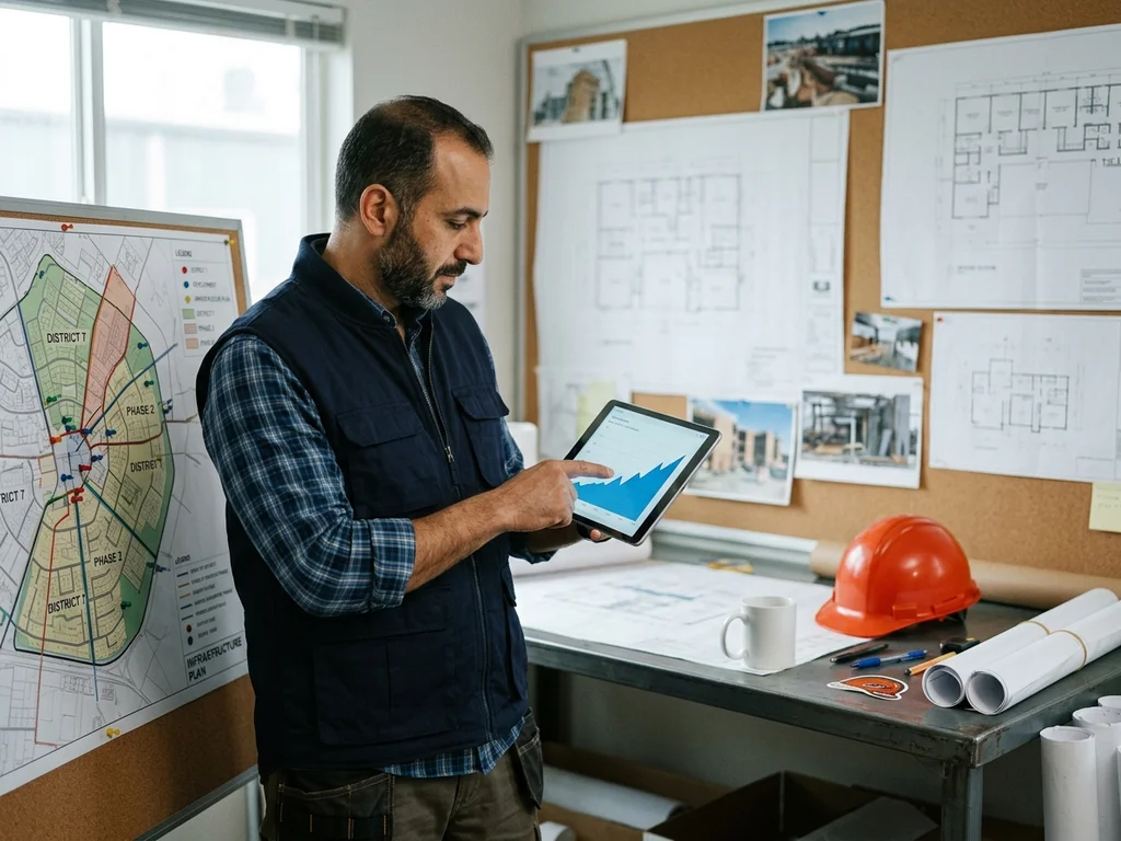 Expert BTP observant la hausse du SEO local à Clermont-Ferrand sur tablette en bureau d'étude.