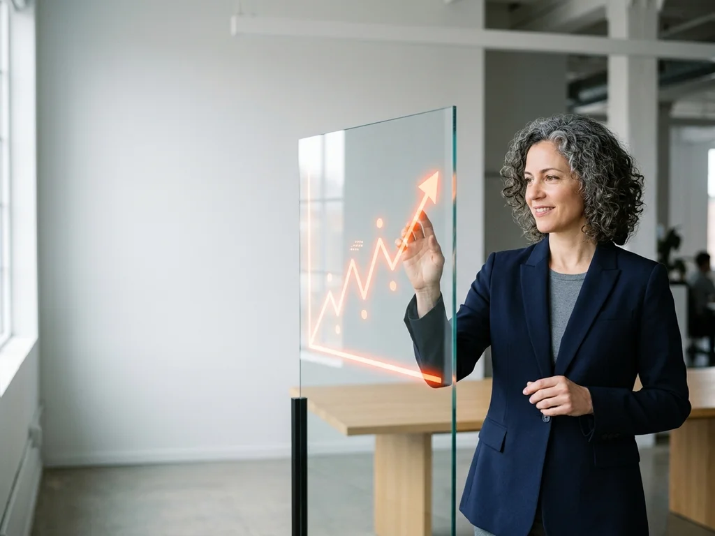 Consultante RH analysant un graphique de croissance du trafic organique pour une stratégie de contenu SEO.