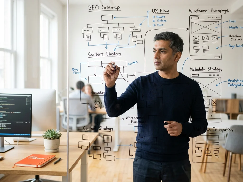 Développeur analysant une architecture technique sur tableau blanc pour optimiser la structure SEO d'un site.