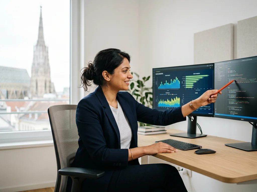 Développeuse analysant le code technique pour optimiser la visibilité et la croissance numérique locale.