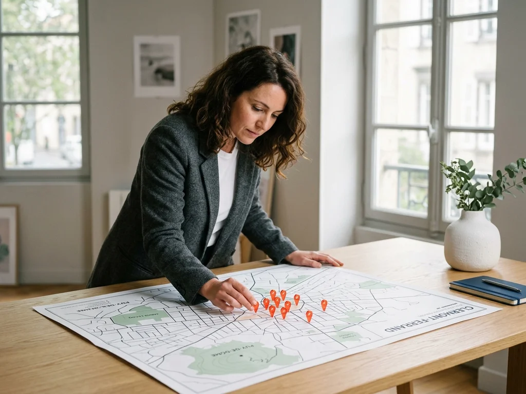 Expert plaçant des marqueurs sur une carte urbaine pour optimiser la visibilité Google Maps par quartier.