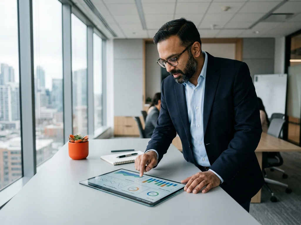 Stratège analysant un tableau de bord SEA détaillé pour assurer un processus d'optimisation sans zone grise.