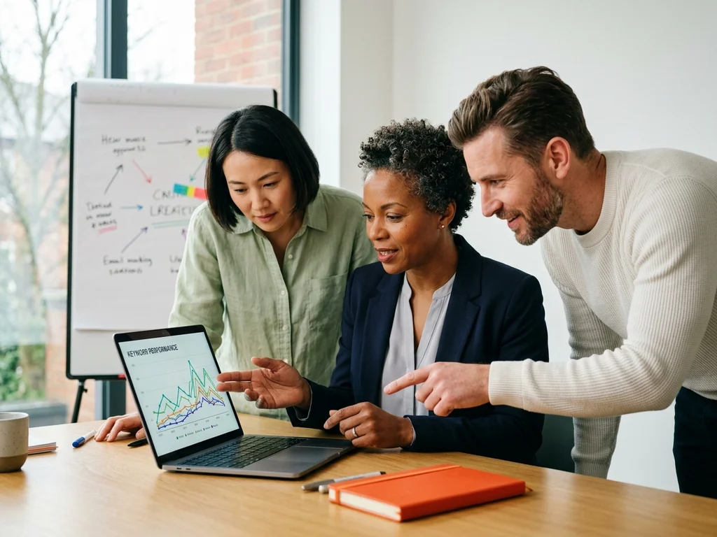Équipe d'entreprise en atelier SEO à Clermont-Ferrand optimisant ensemble leur levier de croissance organique.