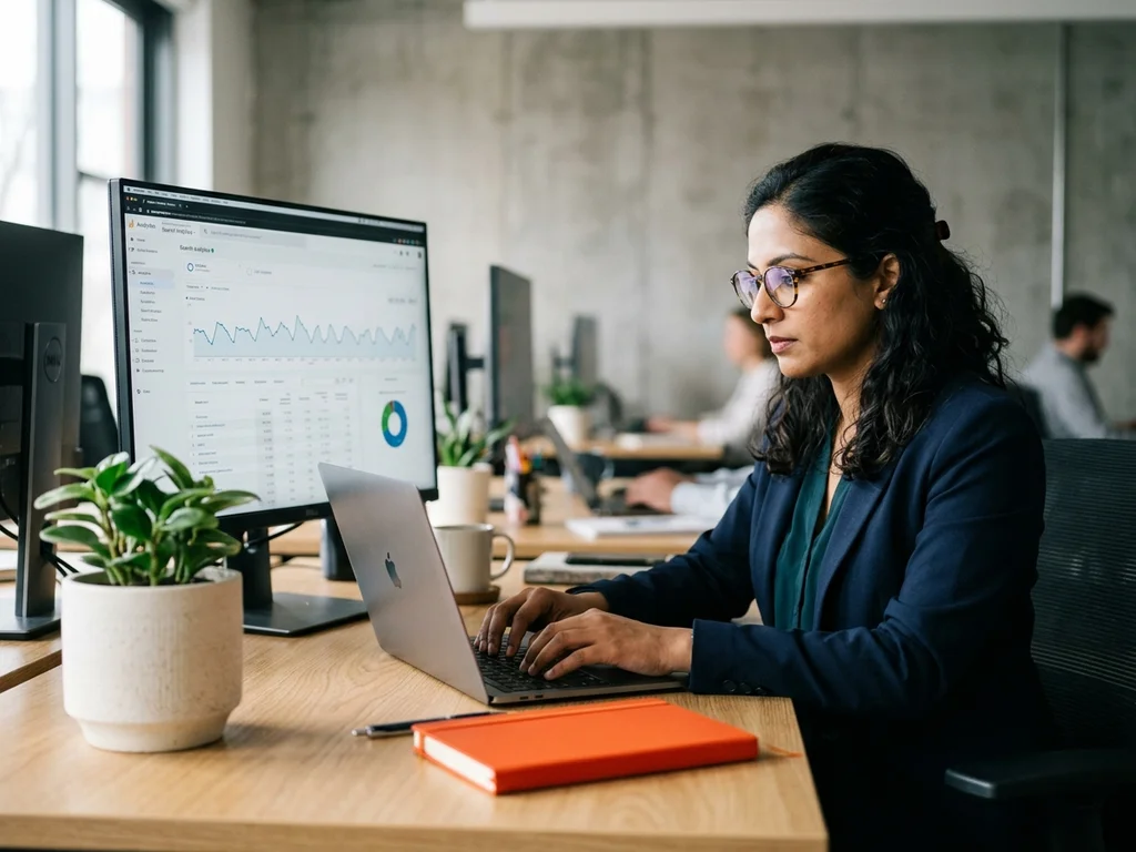 Rédactrice SEO experte analysant des données pour optimiser la stratégie de contenu éditorial.