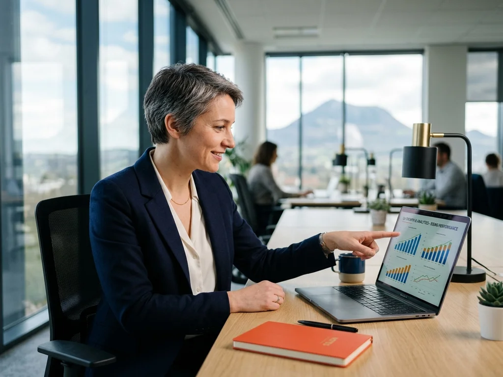Consultante SEO analysant des courbes de croissance pour une entreprise à Clermont-Ferrand.